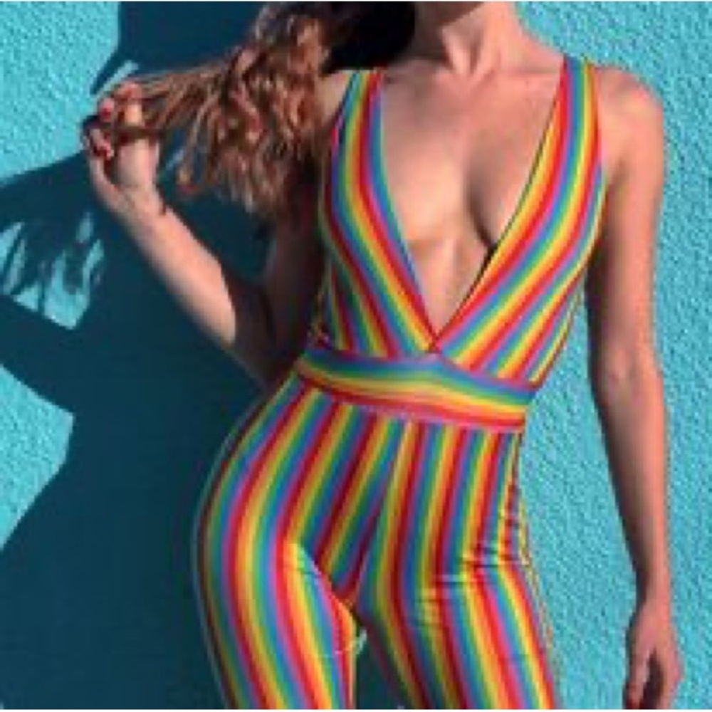 Dolls Kill Rainbow Stripe Deep V Jumpsuit